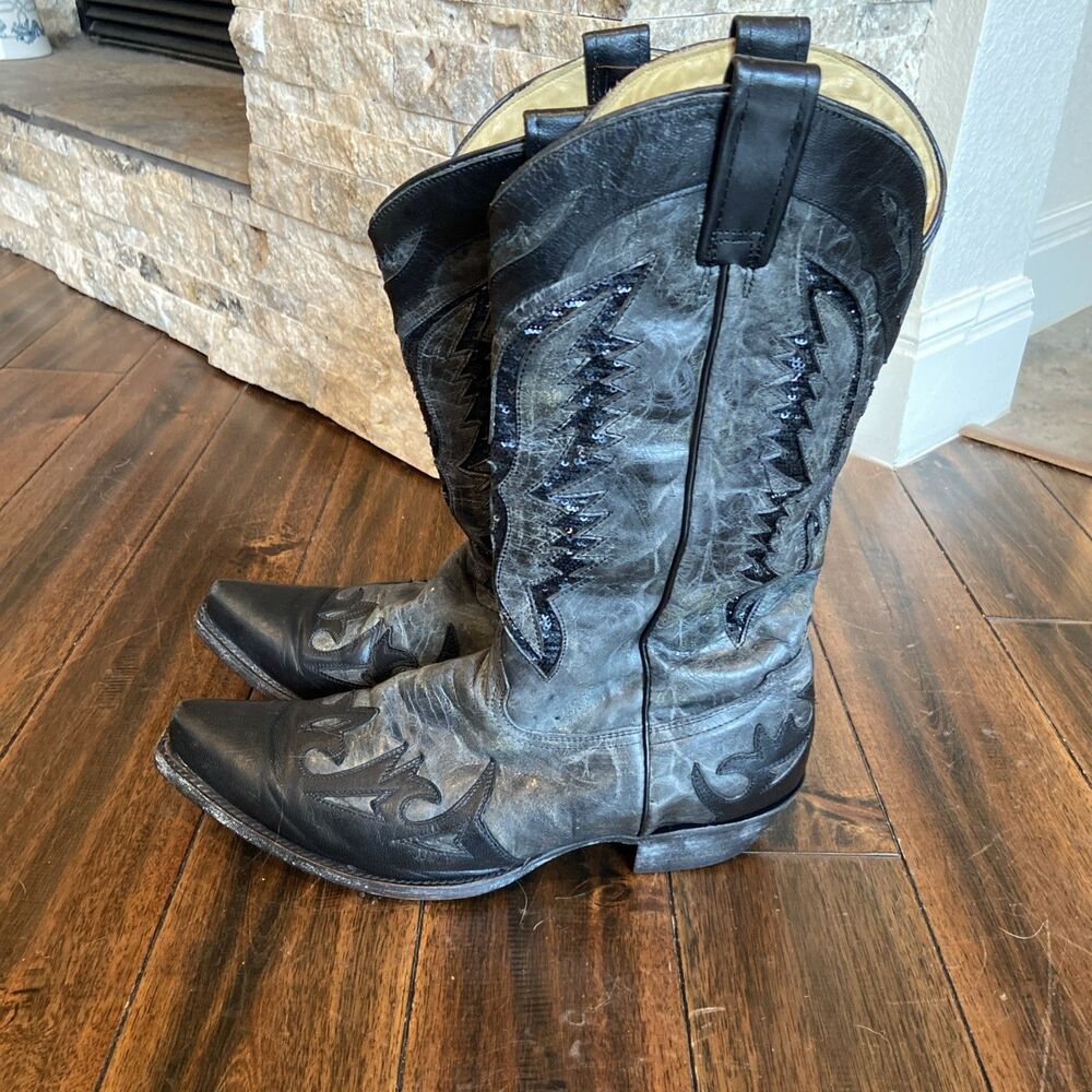 Corral Snip Toe Cowboy Boots Men Size 10.5 EE Wide Black Leather Sequin